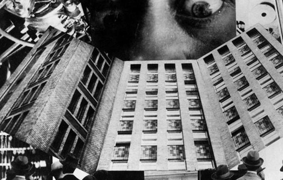 A collage image of a face looking down at a city building.